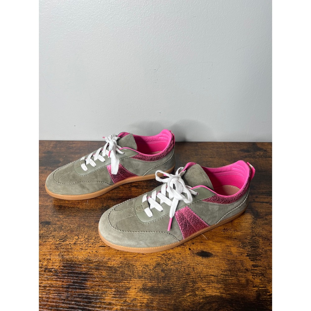 Boden Erin Retro Tennis Trainers Olive Green Suede Pink Metallic Sneakers EU 40 - Picture 1 of 8